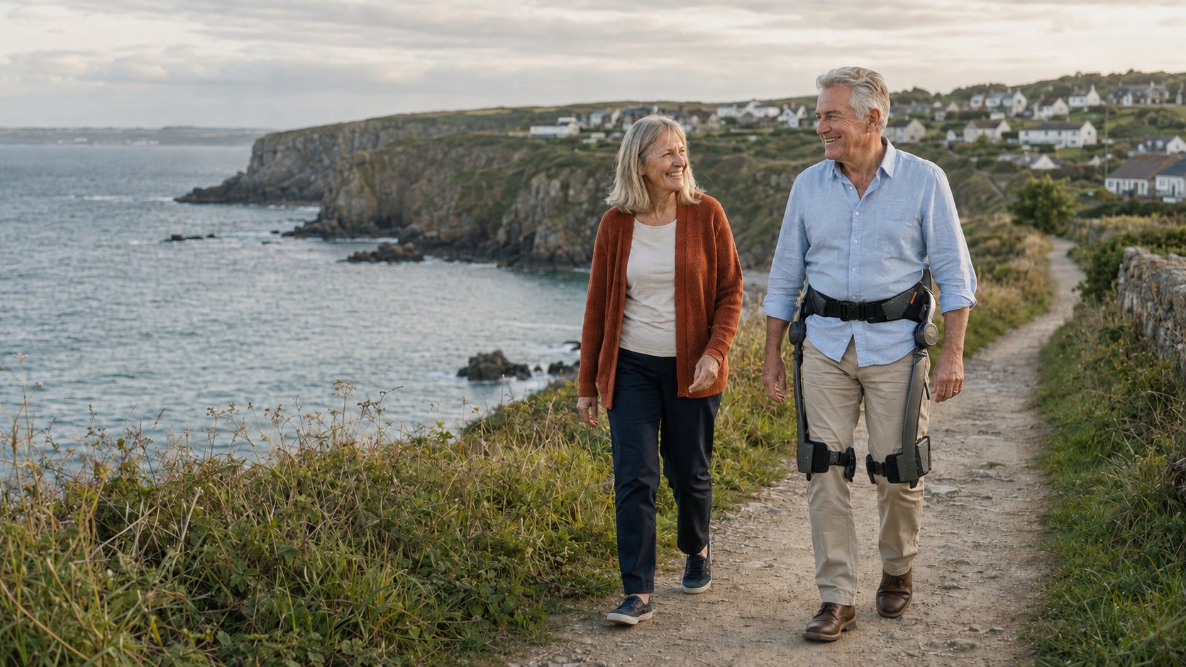 Two friends walking a coastal path together, one wearing Easy Stride