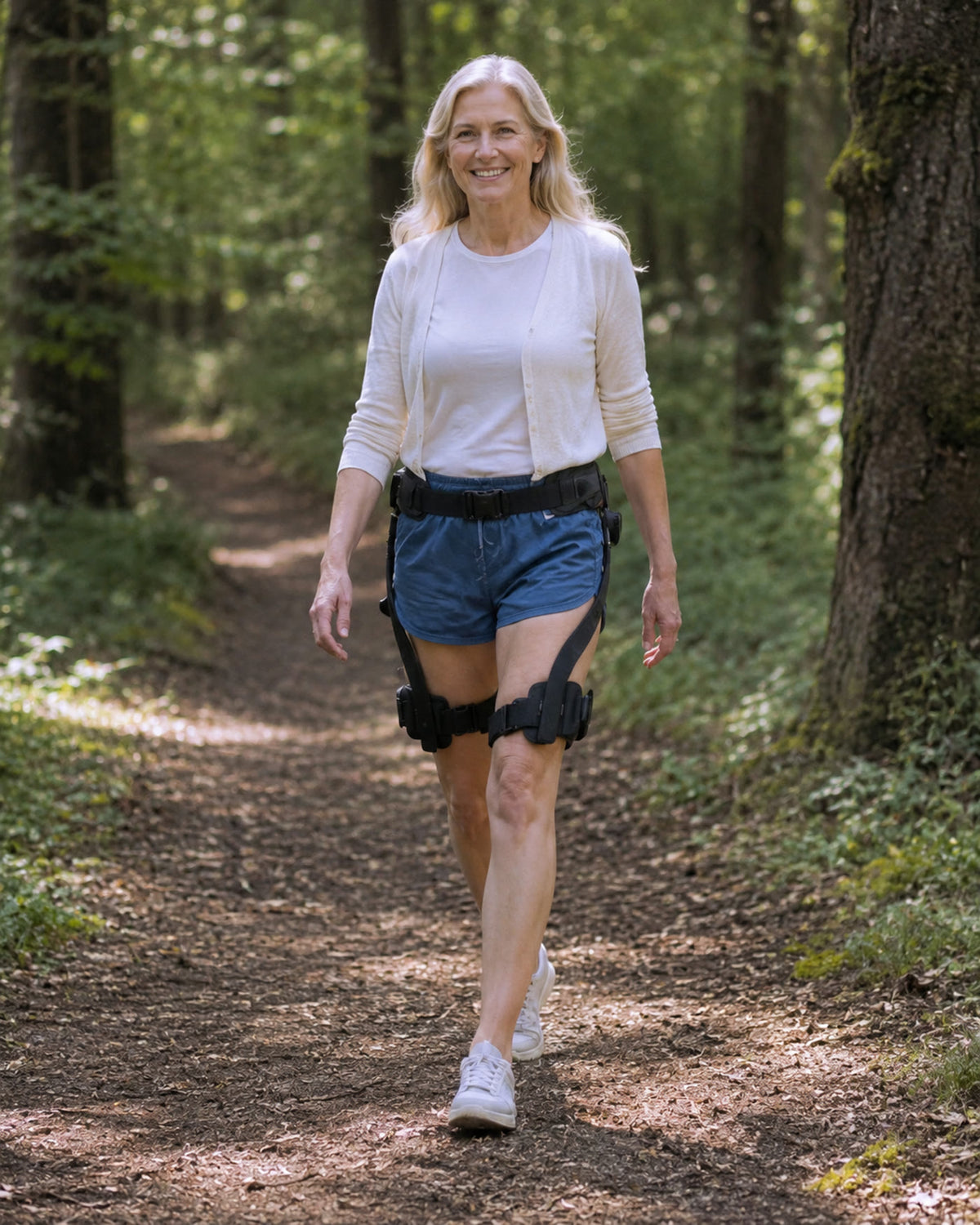 A woman walking a woodland trail wearing the Easy Strider over her own clothes