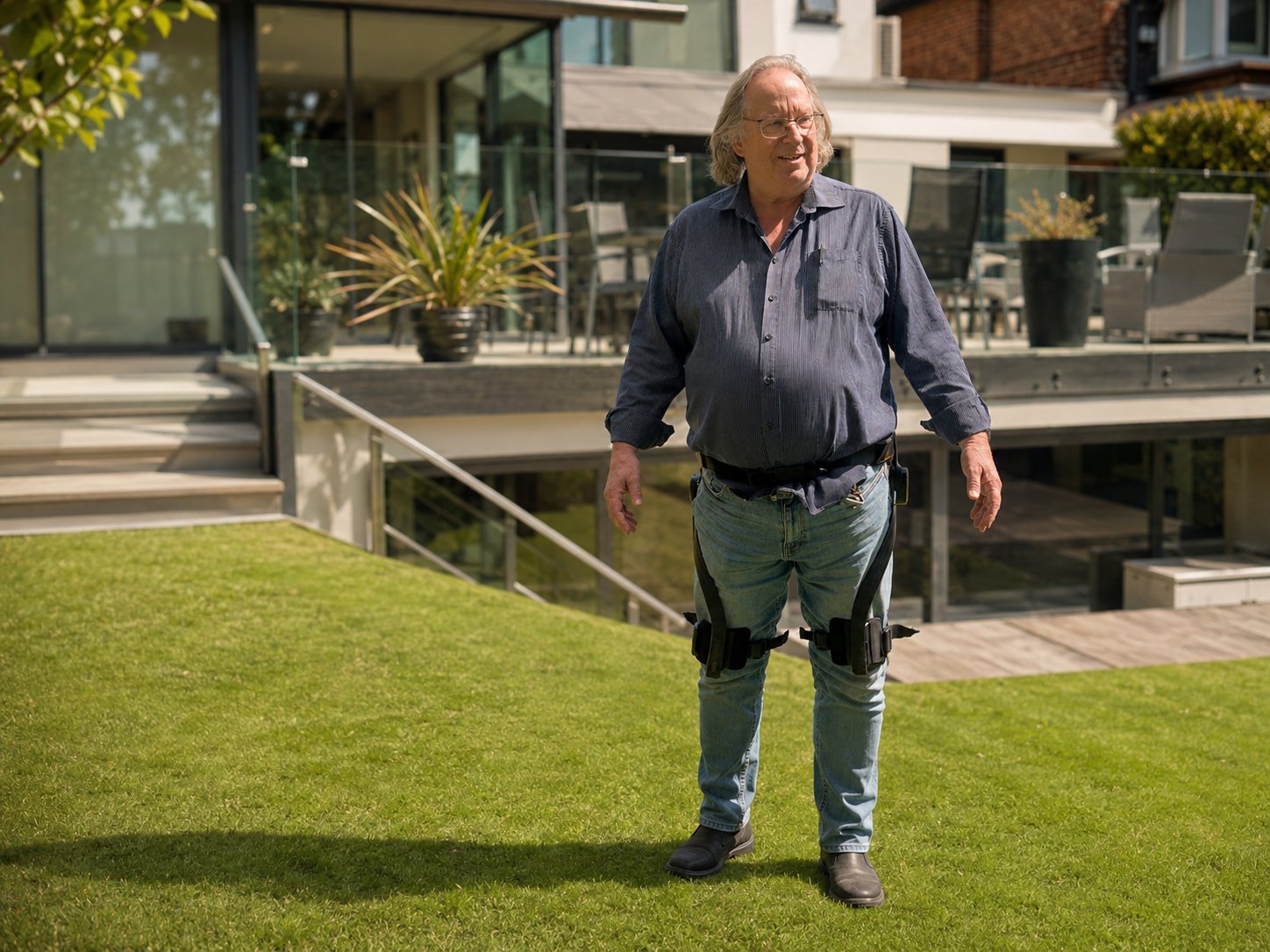 A man standing in a garden wearing an Easy Stride over his clothes